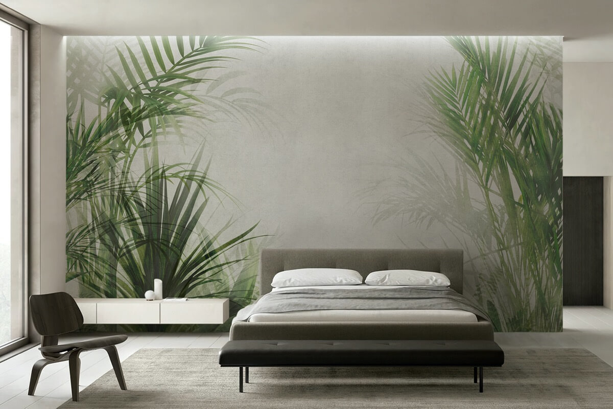 Schlafzimmer mit grüner Anura-Tapete