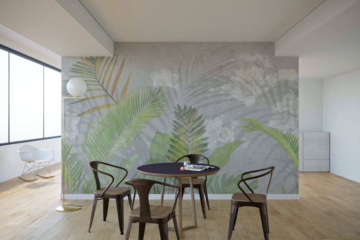 Tapete mit Blättern und weißen Rosen