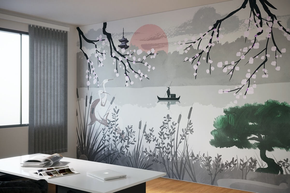 sumida grau Japanische Bürotapete mit Kranichen und Blumen