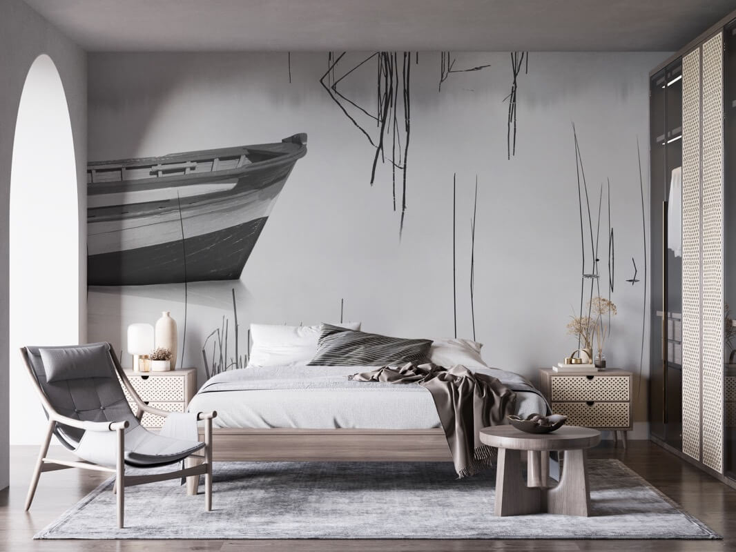 Schlaftapete mit Tahoe-Boot-Muster auf Schwarz-Weiß-Tönen