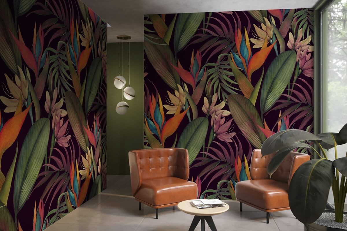 Blumentapete für Wohnzimmermöbel tropisch schwarz