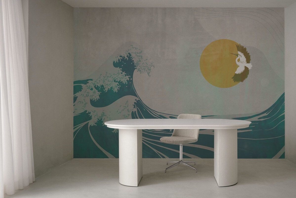 Nami-Tapete mit japanischer Welle und Reiher