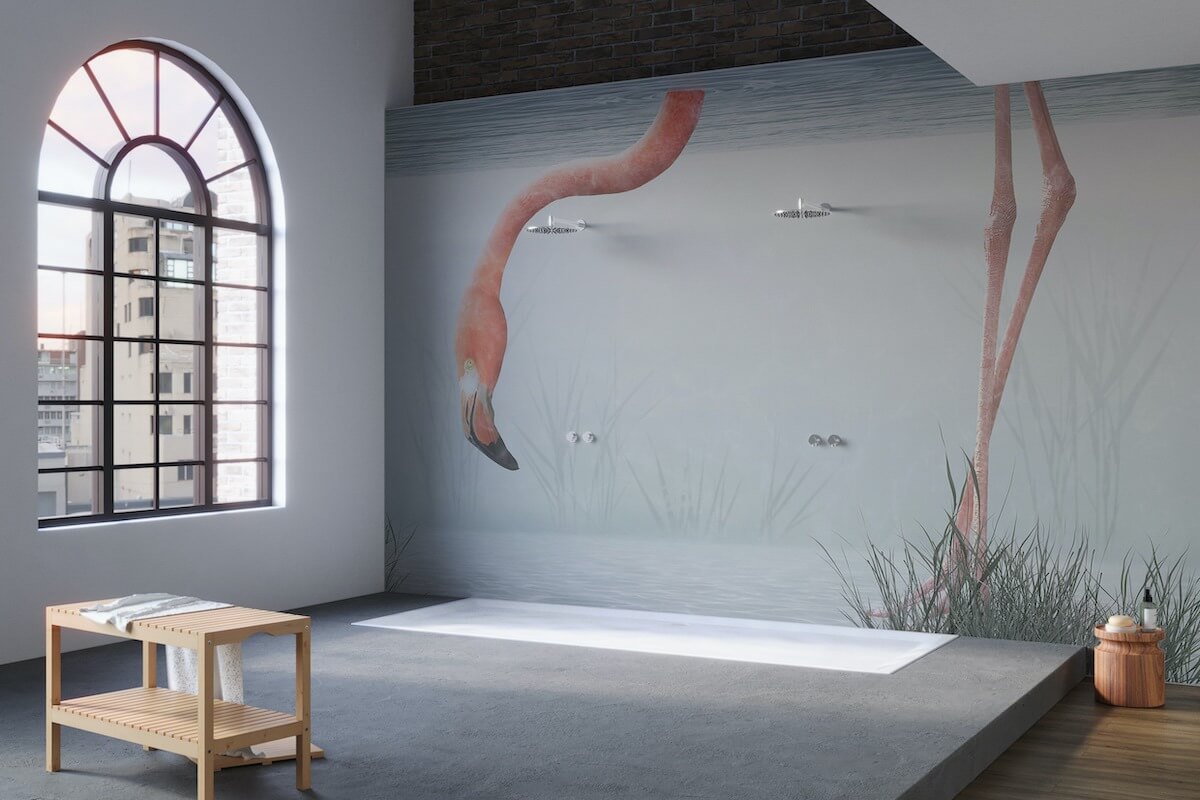 Galapagos Dekorpapier mit rosa Flamingo für mdoerno Badezimmer